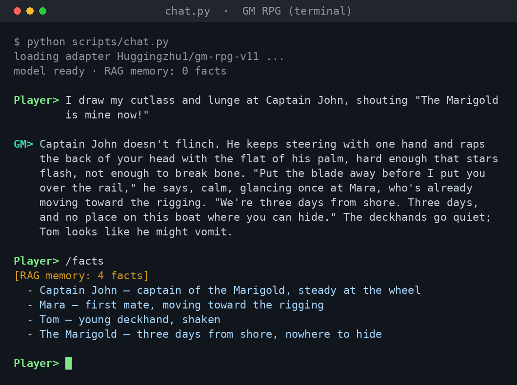 An example session in the terminal client, showing the Player prompt, the GM narration, and a /facts listing of the retrieval memory